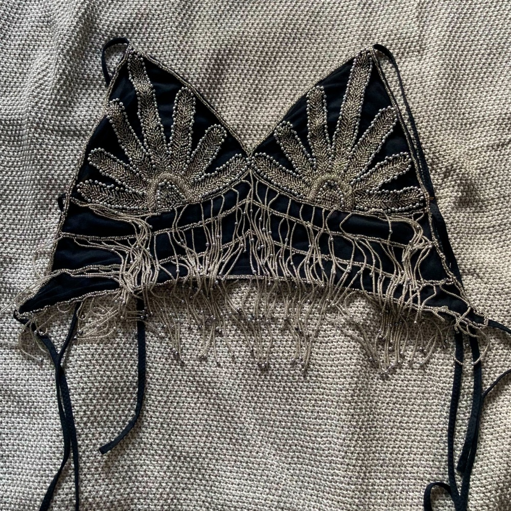 Black and Silver Beaded Festival Bellydance Crop Top with Beaded Fringe Medium
